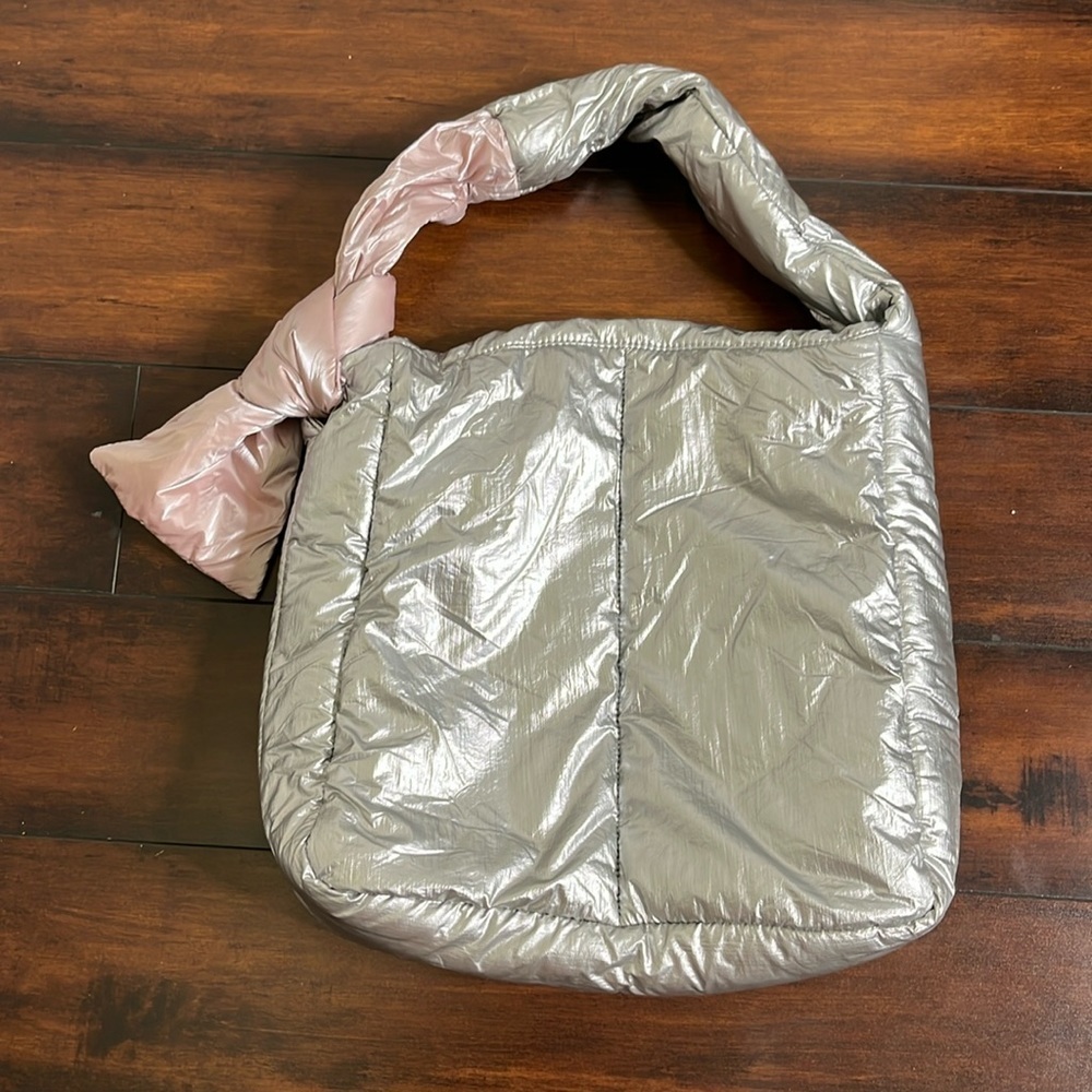 caraa Metallic Silver Puffer Hobo with Dusty Pink Knot Handle